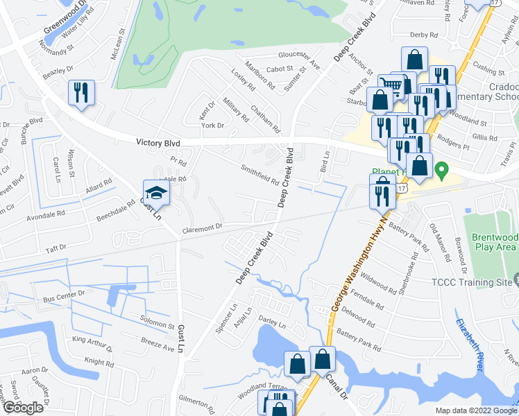 map of restaurants, bars, coffee shops, grocery stores, and more near 7 Holly Hill Crescent in Portsmouth