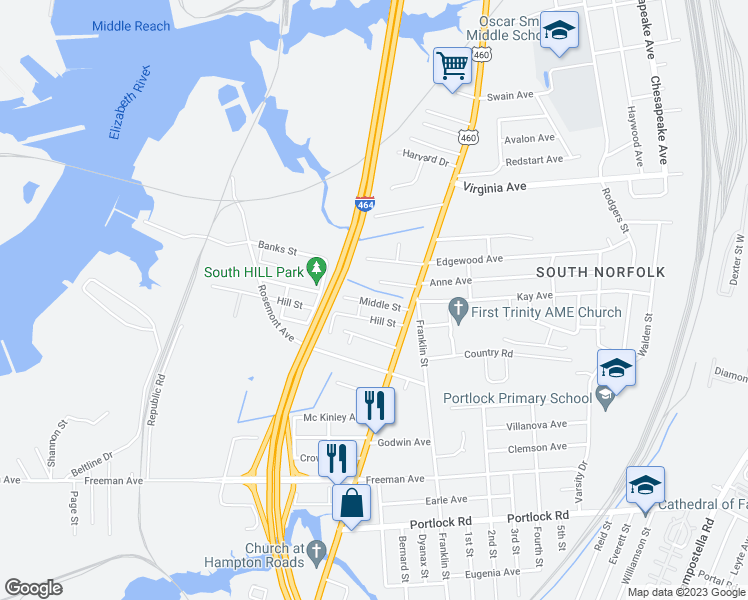 map of restaurants, bars, coffee shops, grocery stores, and more near 1009 Middle Street in Chesapeake