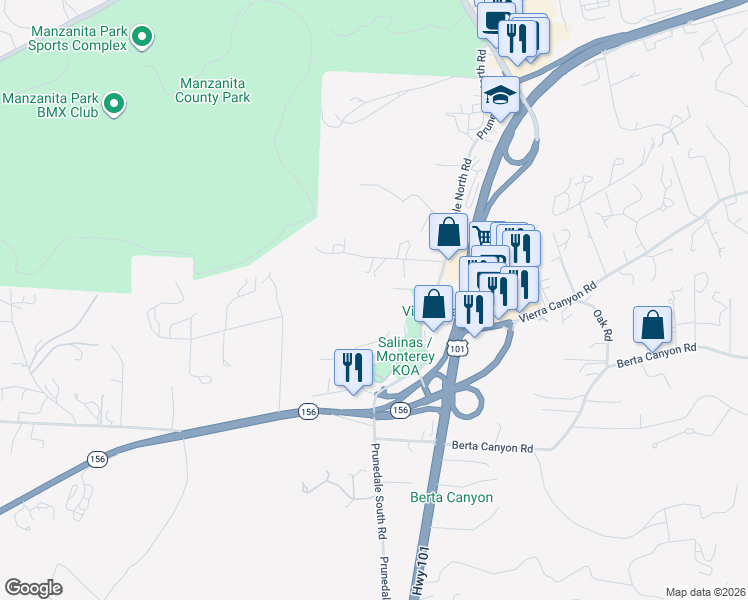 map of restaurants, bars, coffee shops, grocery stores, and more near 8612 Prunedale North Road in Salinas