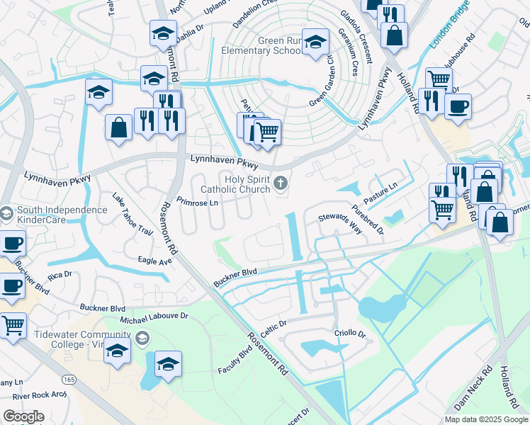 map of restaurants, bars, coffee shops, grocery stores, and more near 3601 Crofts Pride Drive in Virginia Beach