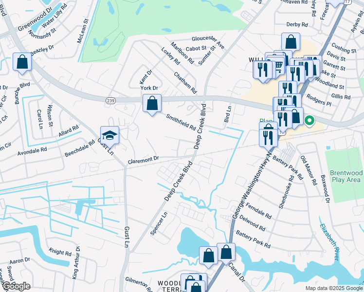 map of restaurants, bars, coffee shops, grocery stores, and more near 7 Holly Hill Crescent in Portsmouth