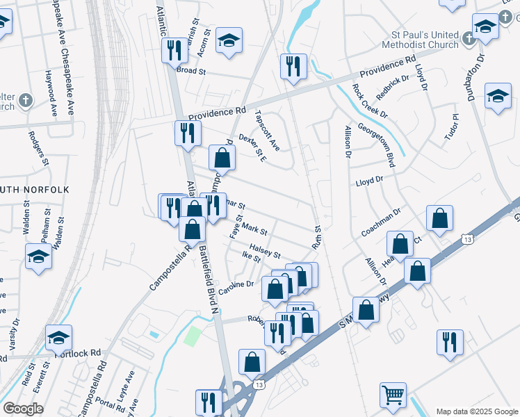 map of restaurants, bars, coffee shops, grocery stores, and more near 2709 Omar Street in Chesapeake