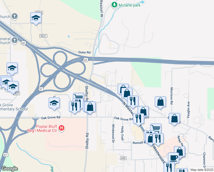 map of restaurants, bars, coffee shops, grocery stores, and more near 2910 Barron Road in Poplar Bluff
