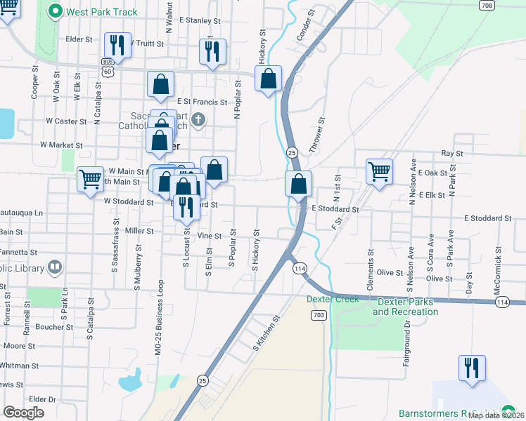 map of restaurants, bars, coffee shops, grocery stores, and more near 121 South Hickory Street in Dexter
