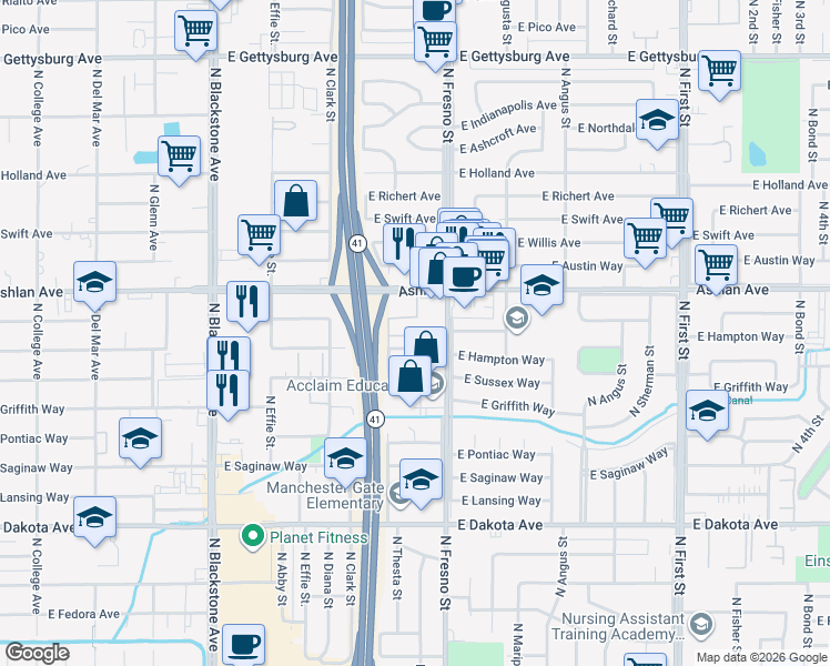 map of restaurants, bars, coffee shops, grocery stores, and more near 2404 East Hampton Way in Fresno
