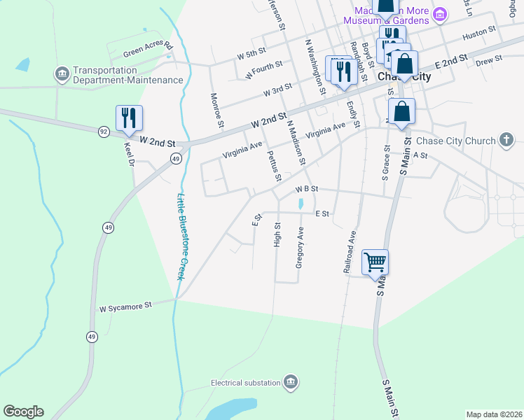 map of restaurants, bars, coffee shops, grocery stores, and more near High Street in Chase City