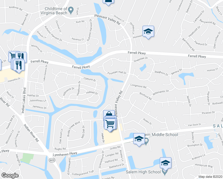 map of restaurants, bars, coffee shops, grocery stores, and more near 1468 Willow Pointe Court in Virginia Beach