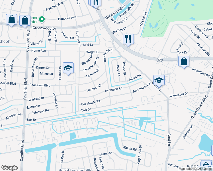 map of restaurants, bars, coffee shops, grocery stores, and more near 305 Bunche Boulevard in Portsmouth