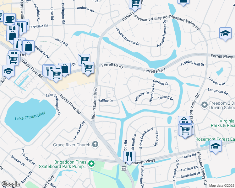 map of restaurants, bars, coffee shops, grocery stores, and more near 1408 Lake Geneve Drive in Virginia Beach