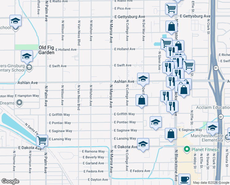 map of restaurants, bars, coffee shops, grocery stores, and more near 921 East Buckingham Way in Fresno