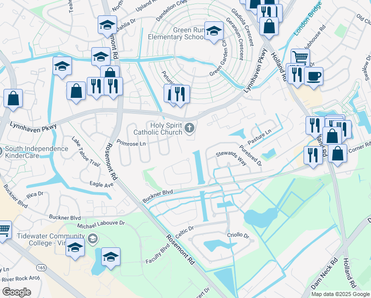 map of restaurants, bars, coffee shops, grocery stores, and more near 1435 Pecan Court in Virginia Beach