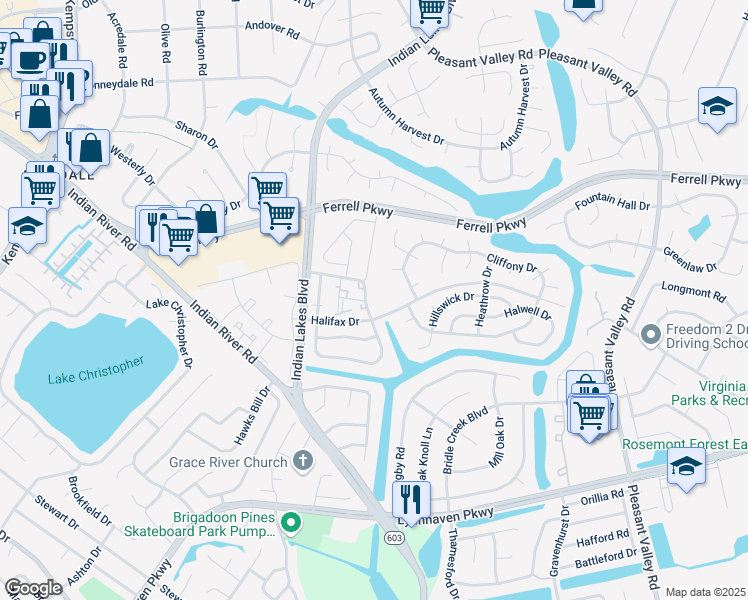 map of restaurants, bars, coffee shops, grocery stores, and more near 1408 Lake Geneve Drive in Virginia Beach