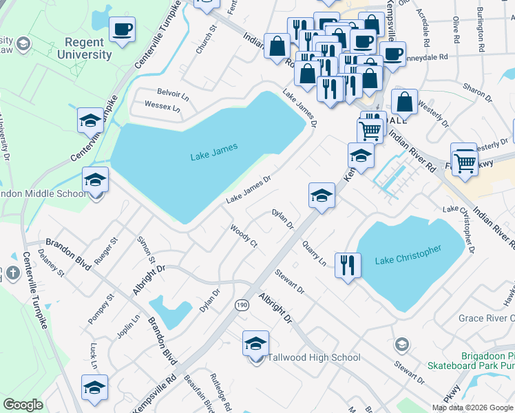 map of restaurants, bars, coffee shops, grocery stores, and more near 5653 Shinfield Drive in Virginia Beach