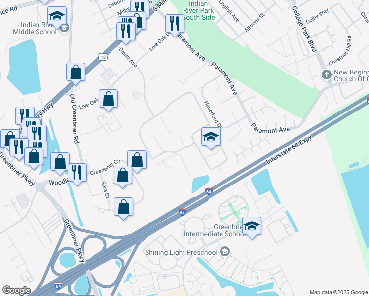 map of restaurants, bars, coffee shops, grocery stores, and more near 2100 Steppingstone Square in Chesapeake