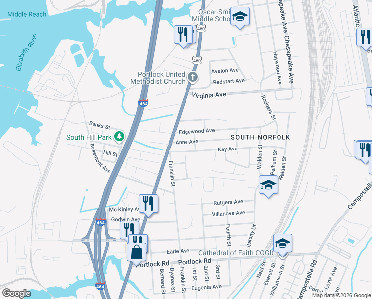 map of restaurants, bars, coffee shops, grocery stores, and more near 1105 Anne Avenue in Chesapeake