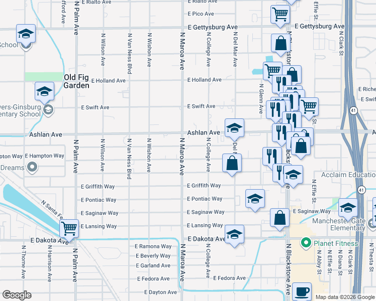map of restaurants, bars, coffee shops, grocery stores, and more near 921 East Buckingham Way in Fresno