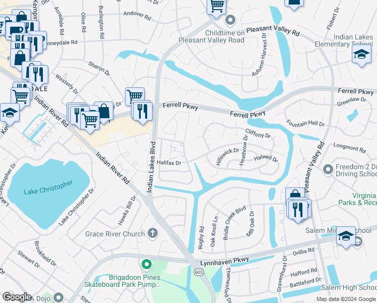 map of restaurants, bars, coffee shops, grocery stores, and more near 5242 Breezewood Arch in Virginia Beach