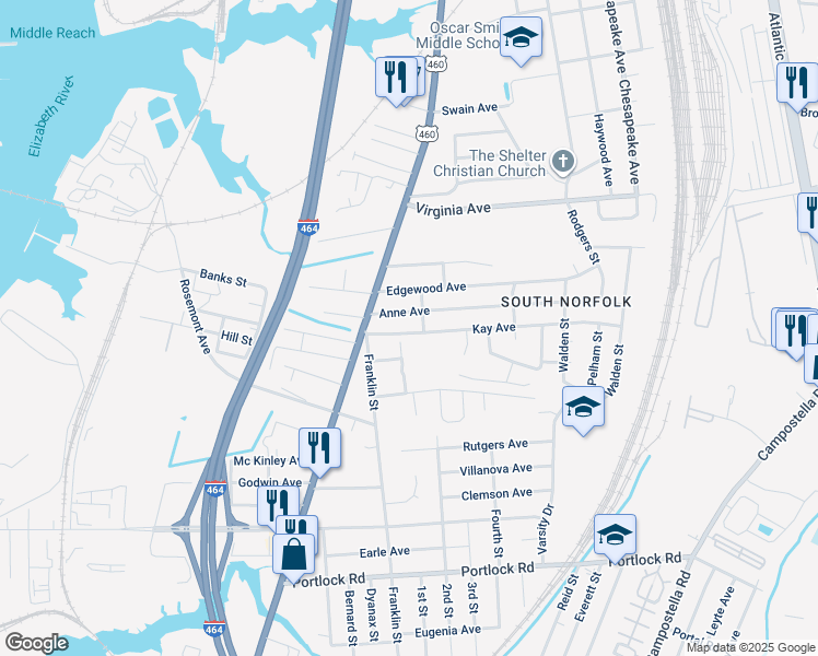 map of restaurants, bars, coffee shops, grocery stores, and more near 1111 Kay Avenue in Chesapeake