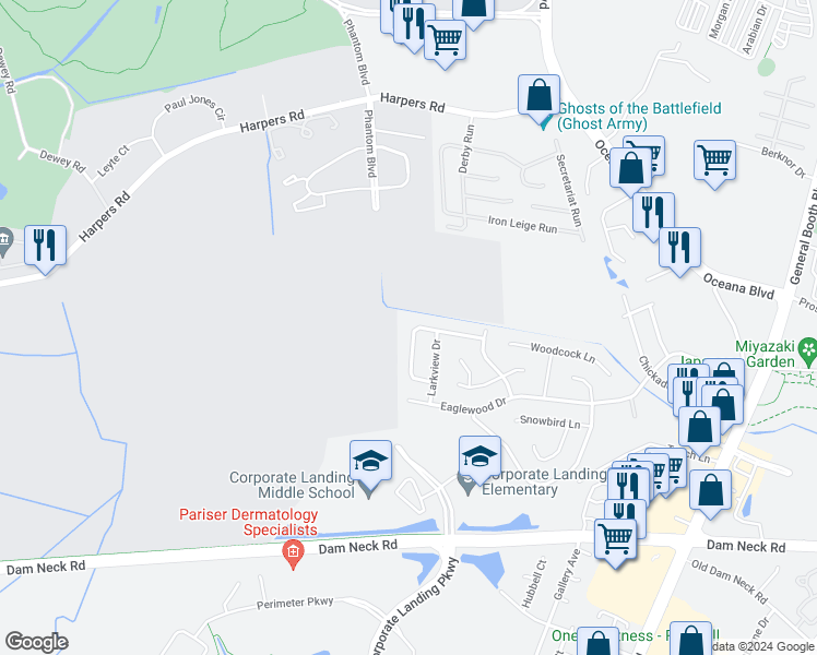map of restaurants, bars, coffee shops, grocery stores, and more near 1336 Crane Crescent in Virginia Beach