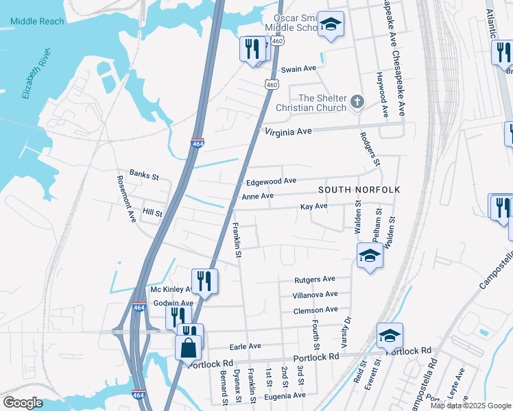 map of restaurants, bars, coffee shops, grocery stores, and more near 1105 Anne Avenue in Chesapeake
