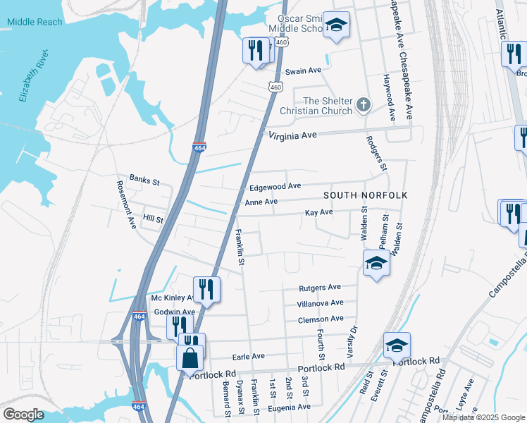 map of restaurants, bars, coffee shops, grocery stores, and more near 1111 Kay Avenue in Chesapeake