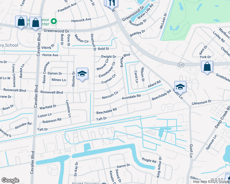 map of restaurants, bars, coffee shops, grocery stores, and more near 410 Norcum Circle in Portsmouth