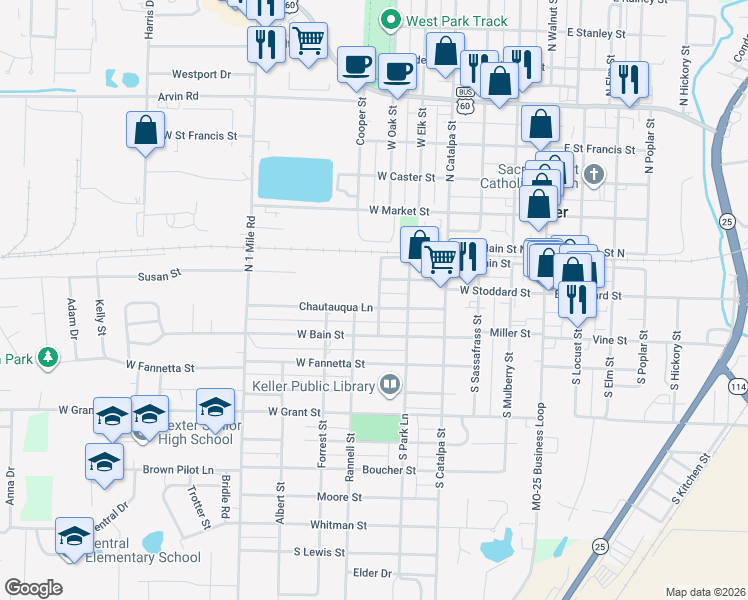 map of restaurants, bars, coffee shops, grocery stores, and more near 520 Chautauqua Lane in Dexter