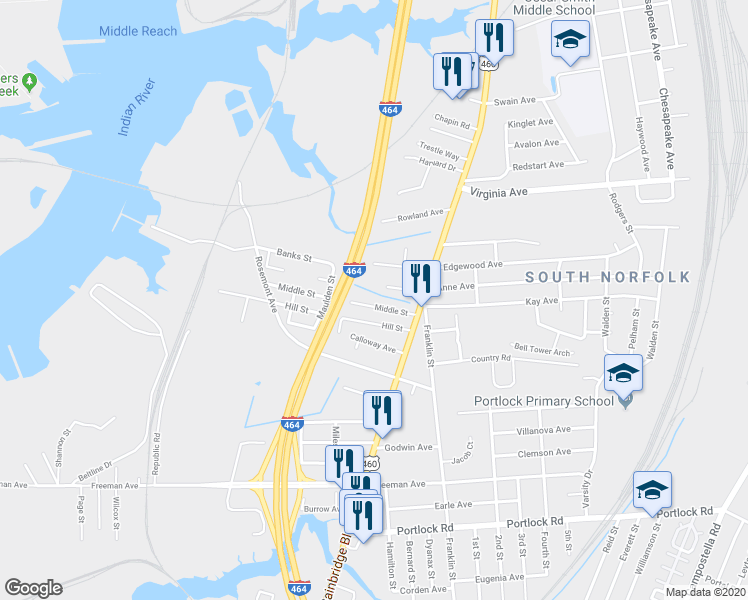 map of restaurants, bars, coffee shops, grocery stores, and more near 1003 Middle Street in Chesapeake