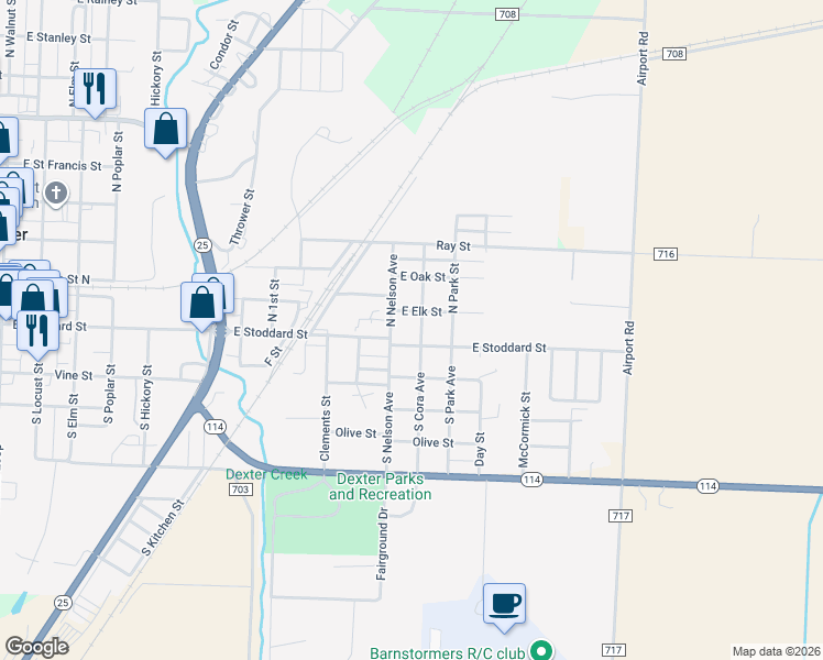 map of restaurants, bars, coffee shops, grocery stores, and more near 1214 East Elk Street in Dexter