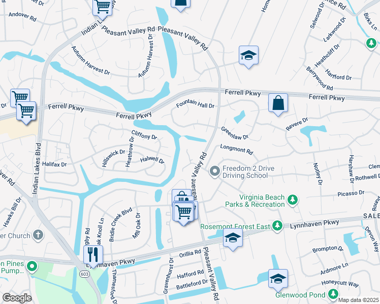 map of restaurants, bars, coffee shops, grocery stores, and more near 1456 Willow Pointe Court in Virginia Beach