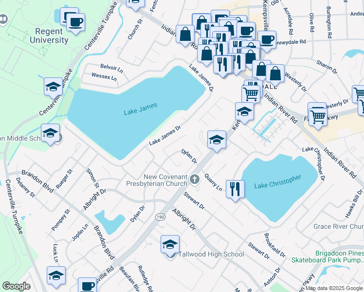 map of restaurants, bars, coffee shops, grocery stores, and more near 5680 Shinfield Drive in Virginia Beach