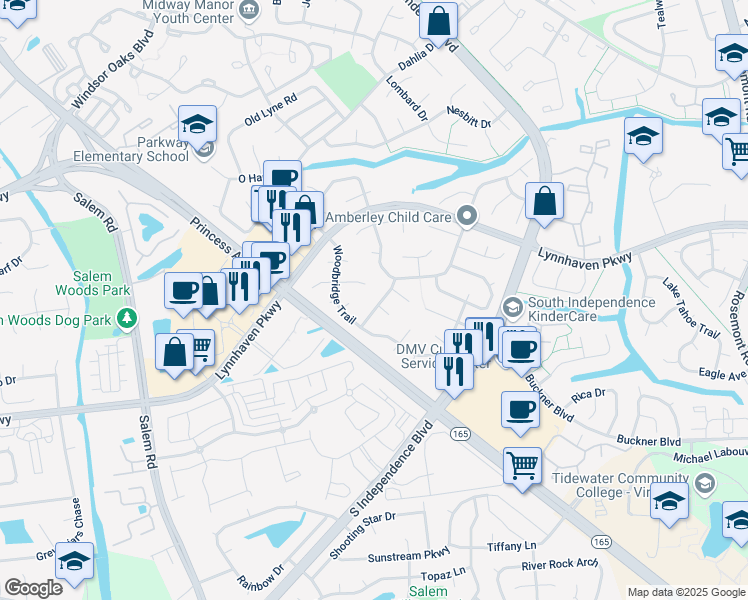 map of restaurants, bars, coffee shops, grocery stores, and more near 1501 Hedgefield Lane in Virginia Beach