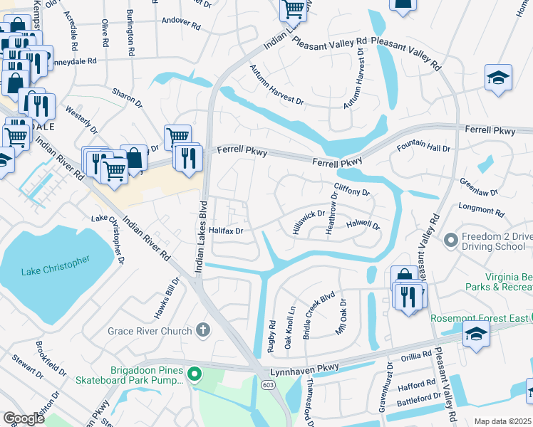 map of restaurants, bars, coffee shops, grocery stores, and more near 5168 Cliffony Drive in Virginia Beach