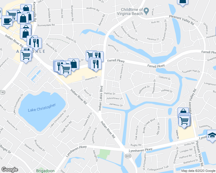 map of restaurants, bars, coffee shops, grocery stores, and more near 1401 Olivewood Court in Virginia Beach