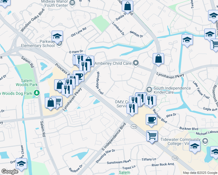 map of restaurants, bars, coffee shops, grocery stores, and more near 1501 Hedgefield Lane in Virginia Beach