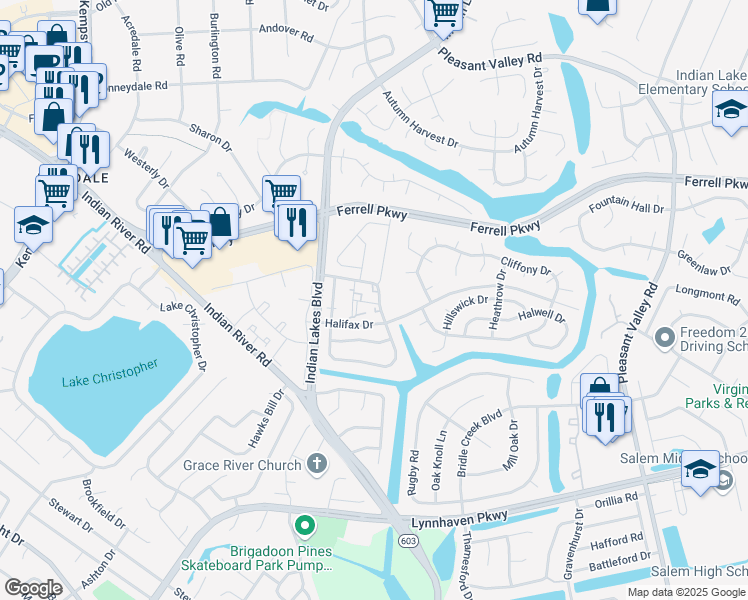 map of restaurants, bars, coffee shops, grocery stores, and more near 5217 Breezewood Arch in Virginia Beach