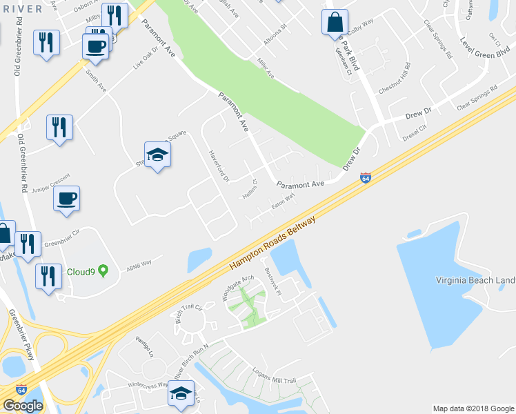 map of restaurants, bars, coffee shops, grocery stores, and more near 8 Thames Circle in Chesapeake