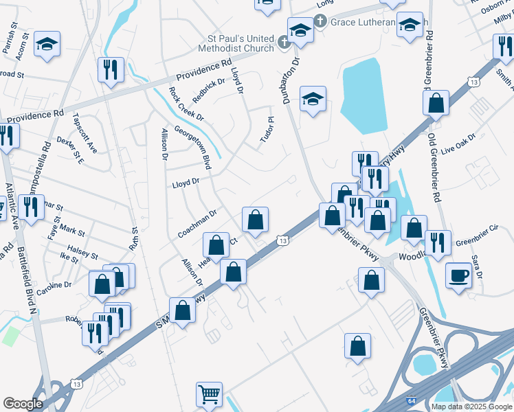 map of restaurants, bars, coffee shops, grocery stores, and more near 37 King George Quay in Chesapeake