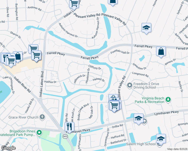 map of restaurants, bars, coffee shops, grocery stores, and more near 1513 Crawley Circle in Virginia Beach
