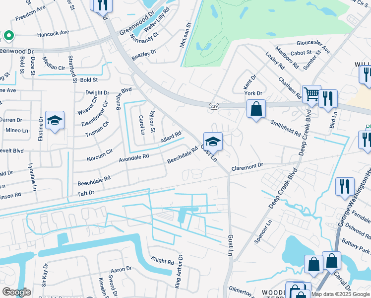 map of restaurants, bars, coffee shops, grocery stores, and more near 203 Avondale Road in Portsmouth