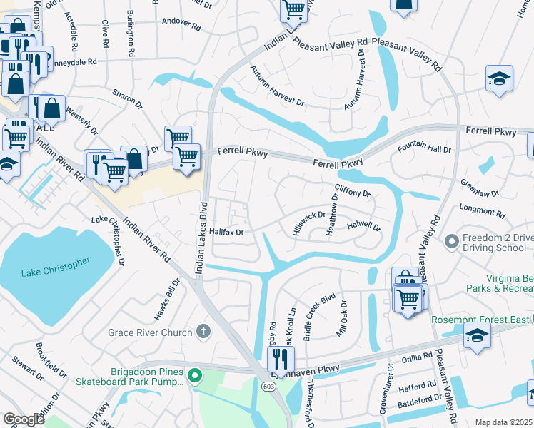 map of restaurants, bars, coffee shops, grocery stores, and more near 5168 Cliffony Drive in Virginia Beach