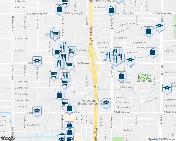 map of restaurants, bars, coffee shops, grocery stores, and more near 4140 North Clark Street in Fresno