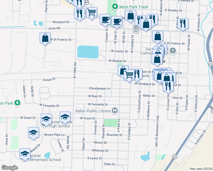 map of restaurants, bars, coffee shops, grocery stores, and more near 520 Chautauqua Lane in Dexter
