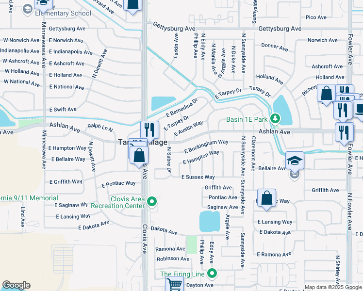 map of restaurants, bars, coffee shops, grocery stores, and more near 5667 East Ashlan Avenue in Fresno