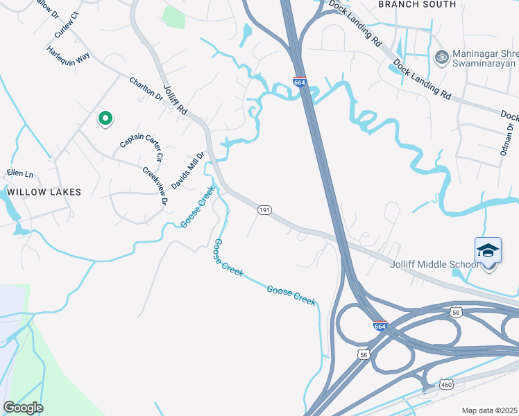map of restaurants, bars, coffee shops, grocery stores, and more near 1300 Jolliff Road in Chesapeake