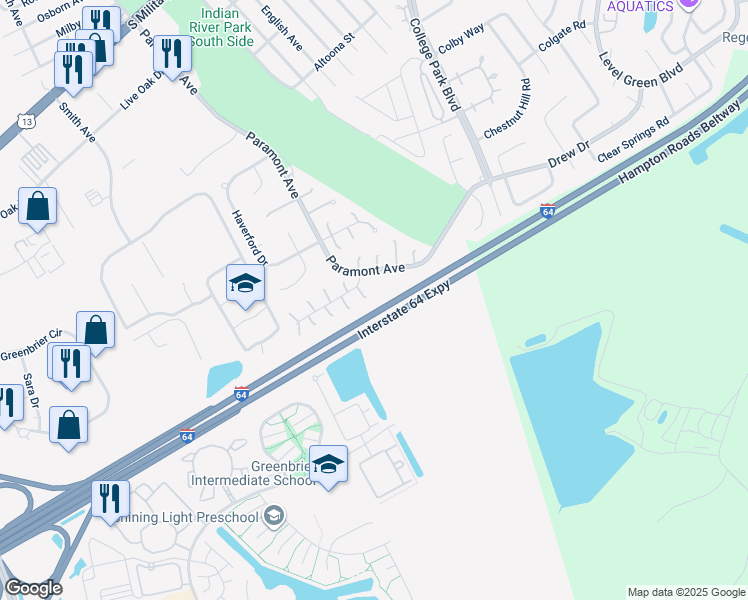 map of restaurants, bars, coffee shops, grocery stores, and more near 11 Mosely Circle in Chesapeake