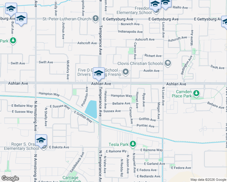 map of restaurants, bars, coffee shops, grocery stores, and more near 2671 Buckingham Avenue in Clovis