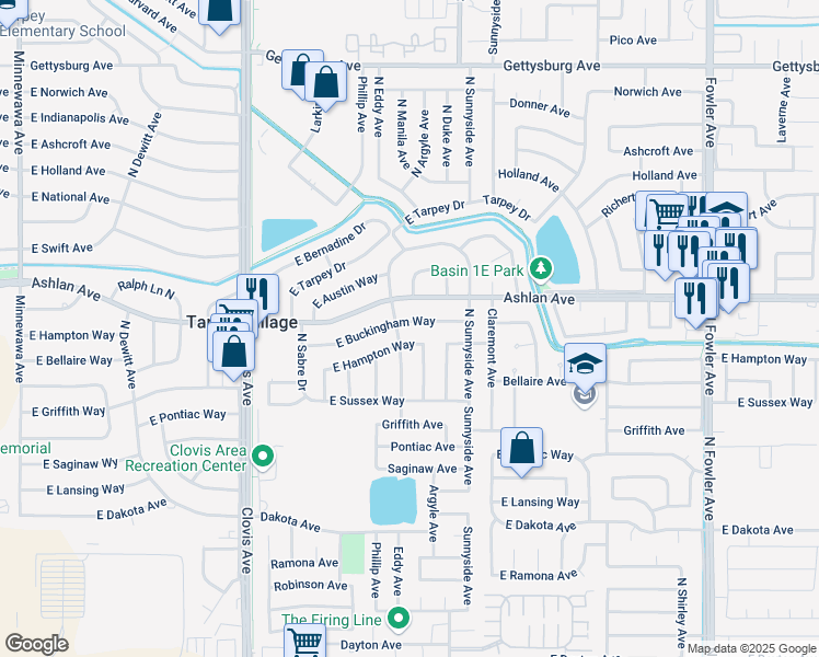 map of restaurants, bars, coffee shops, grocery stores, and more near 5737 East Buckingham Way in Fresno