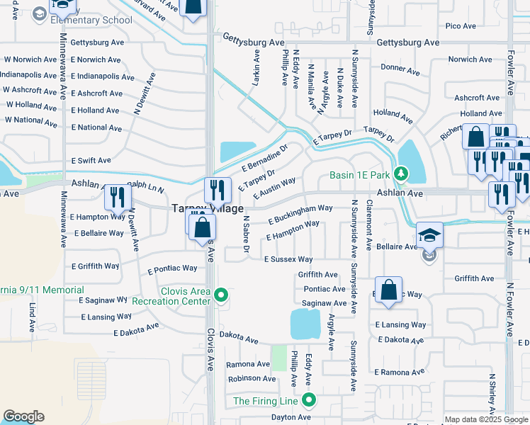 map of restaurants, bars, coffee shops, grocery stores, and more near 5667 East Ashlan Avenue in Fresno