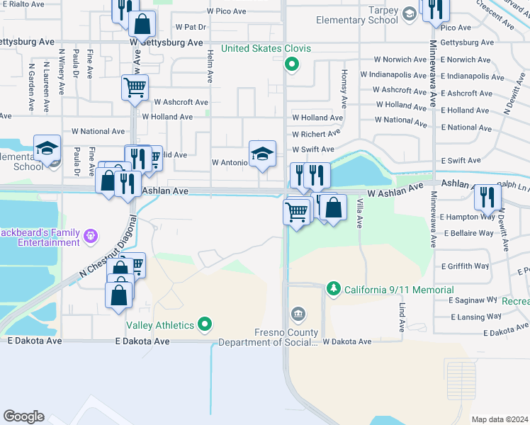 map of restaurants, bars, coffee shops, grocery stores, and more near 5164 East Ashlan Avenue in Fresno